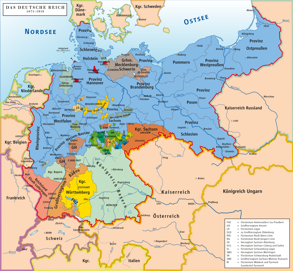 Карта Германской империи. На&nbsp;севере отчётливо видны два великих герцогства- Мекленбург-Шверин и&nbsp;Мекленбург-Стрелиц. Оба на&nbsp;тот момент управлялись потомками князя Никлота. 