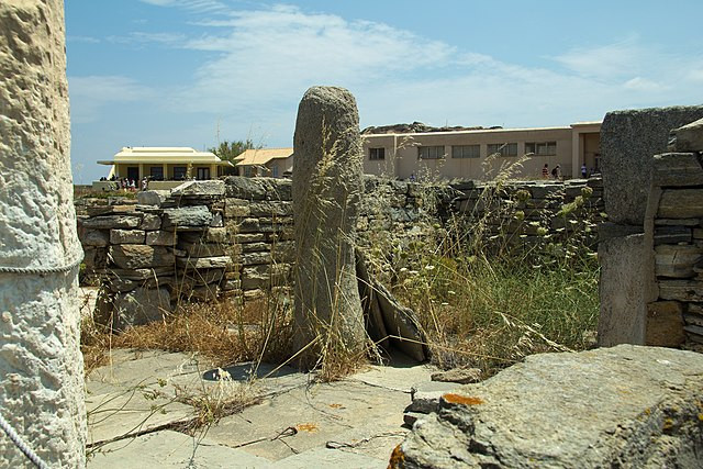 Temple of Dionysus on Delos. A view inside the temple towards giant stone Fallos