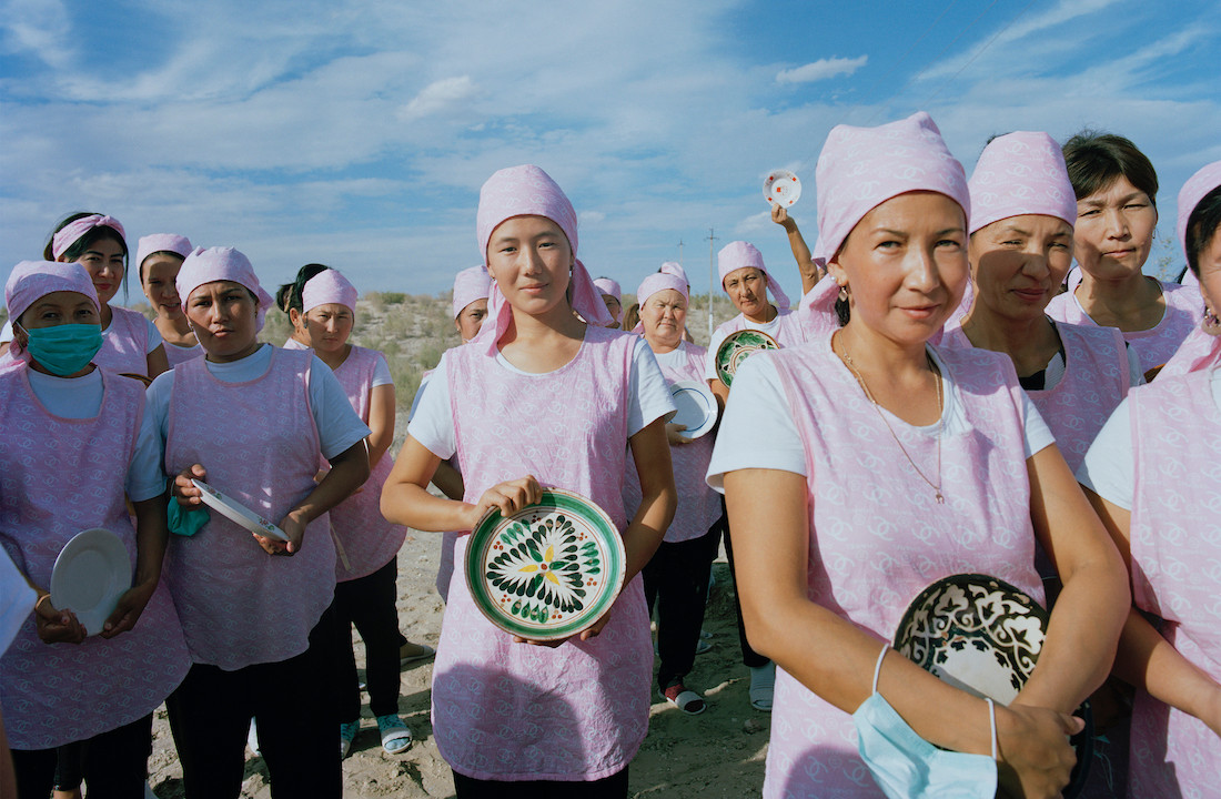 Photos by Olga Shurygina. Workers at the Muynak Textile factory with plates collected for the project, 2019