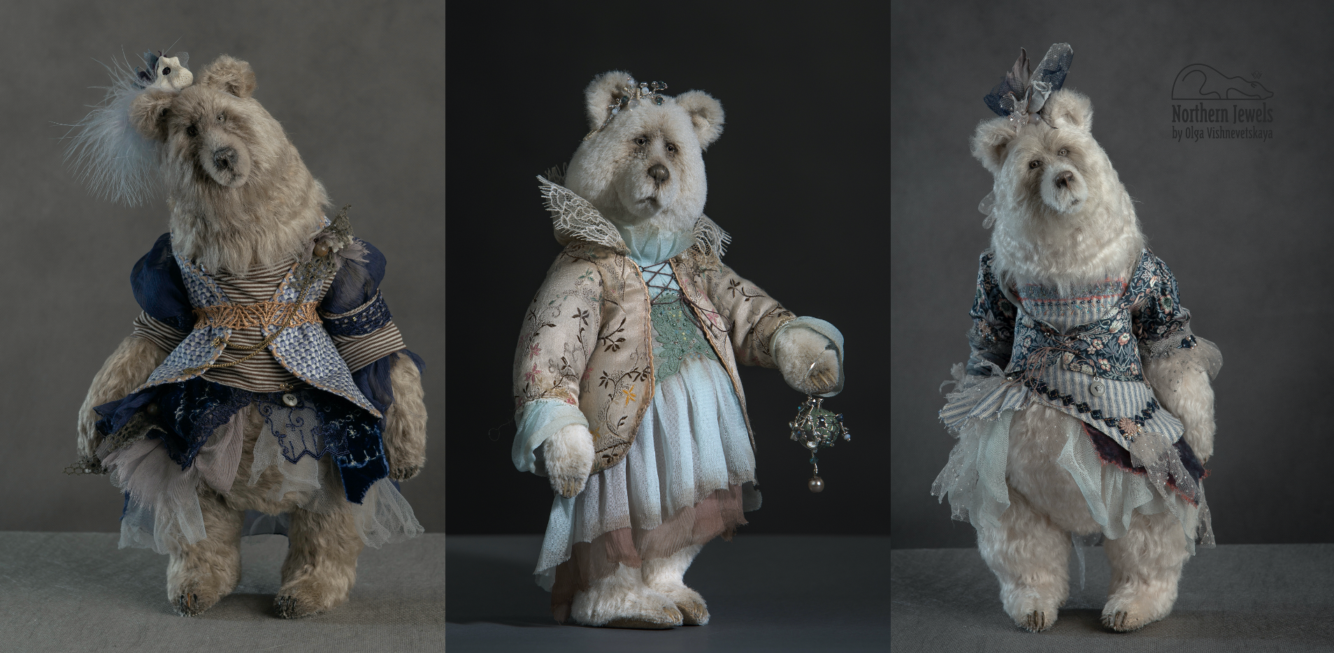 Northern Jewels: (left, right) Pieces from the collection Sailing Close to the Wind, 2019; (centre) Polaris, 2018&nbsp;— winner of a Golden George prize for teddy art © Olga Vishnevetskaya, 2023