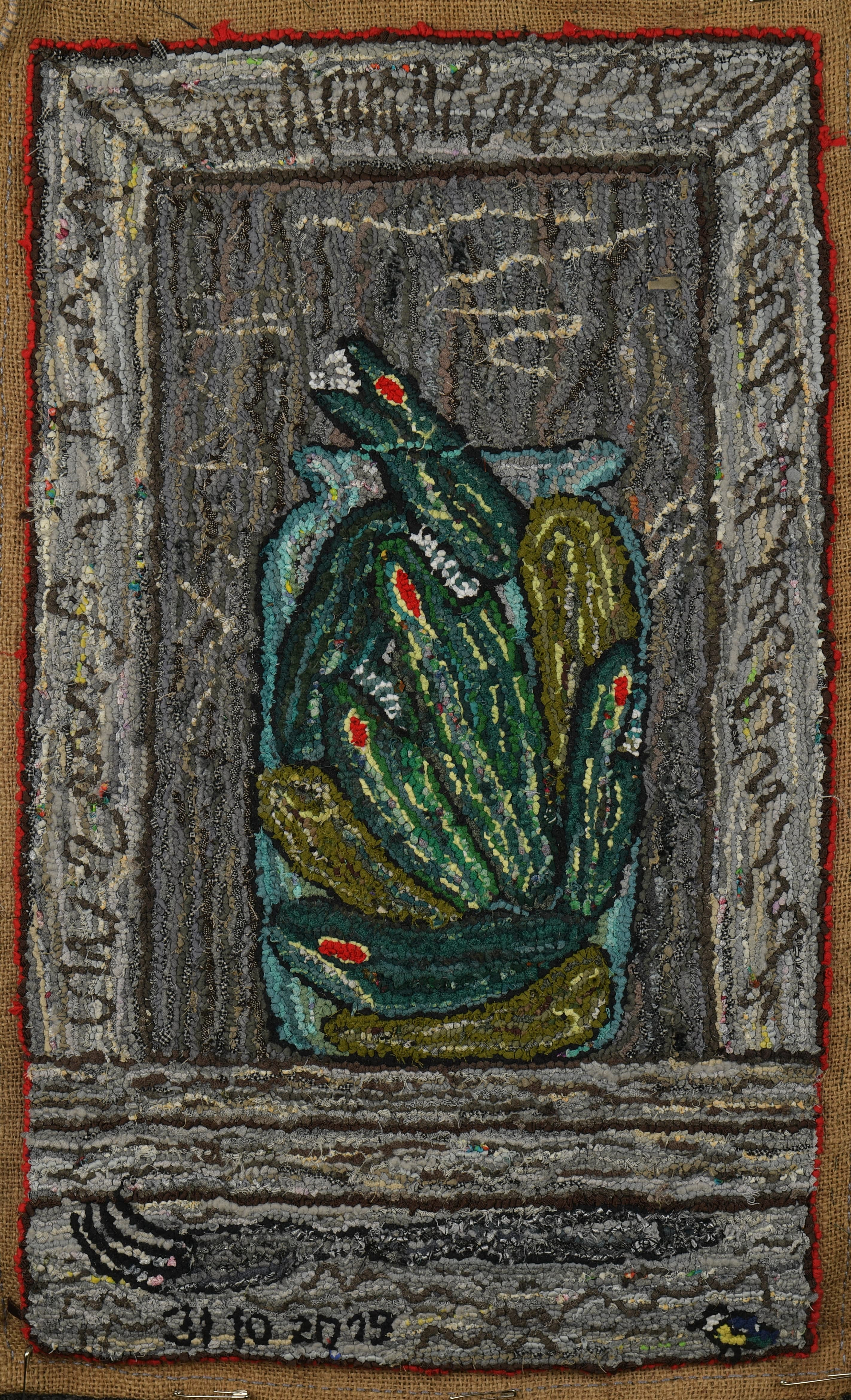 Rina-Green Noodle, Jar of Predatory Cucumbers, series “Homemade Preserves, ” rug hooking, burlap, textile, 62 × 37 cm, 2019