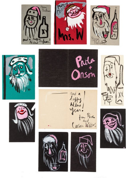Лицевые и&nbsp;внутренние стороны рождественских открыток, нарисованных Орсоном Уэллсом в&nbsp;разные годы