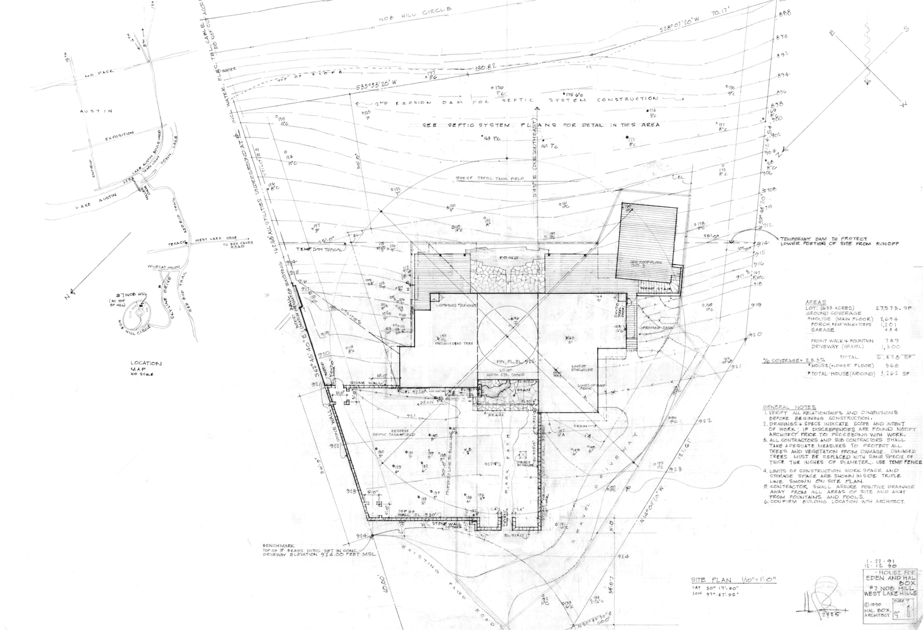 Генеральный план дома на&nbsp;Ноб-Хилл, выполненный автором. Остин, Техас, 1992
