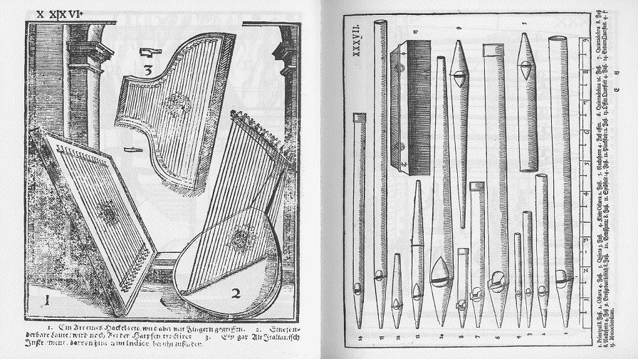 Одна из&nbsp;иллюстраций Theatrum Instrumentorum seu Sciagraphia, приложения к&nbsp;Syntagma Musicum, трактата Михаэля Преториуса. XVII век.