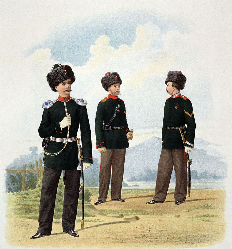 Пешие батальоны Забайкальского Казачьего Войска и&nbsp;Конные, Иркутский и&nbsp;Енисейский Казачьи полки, 1867&nbsp;год, рисунок Карла Пиратского. 