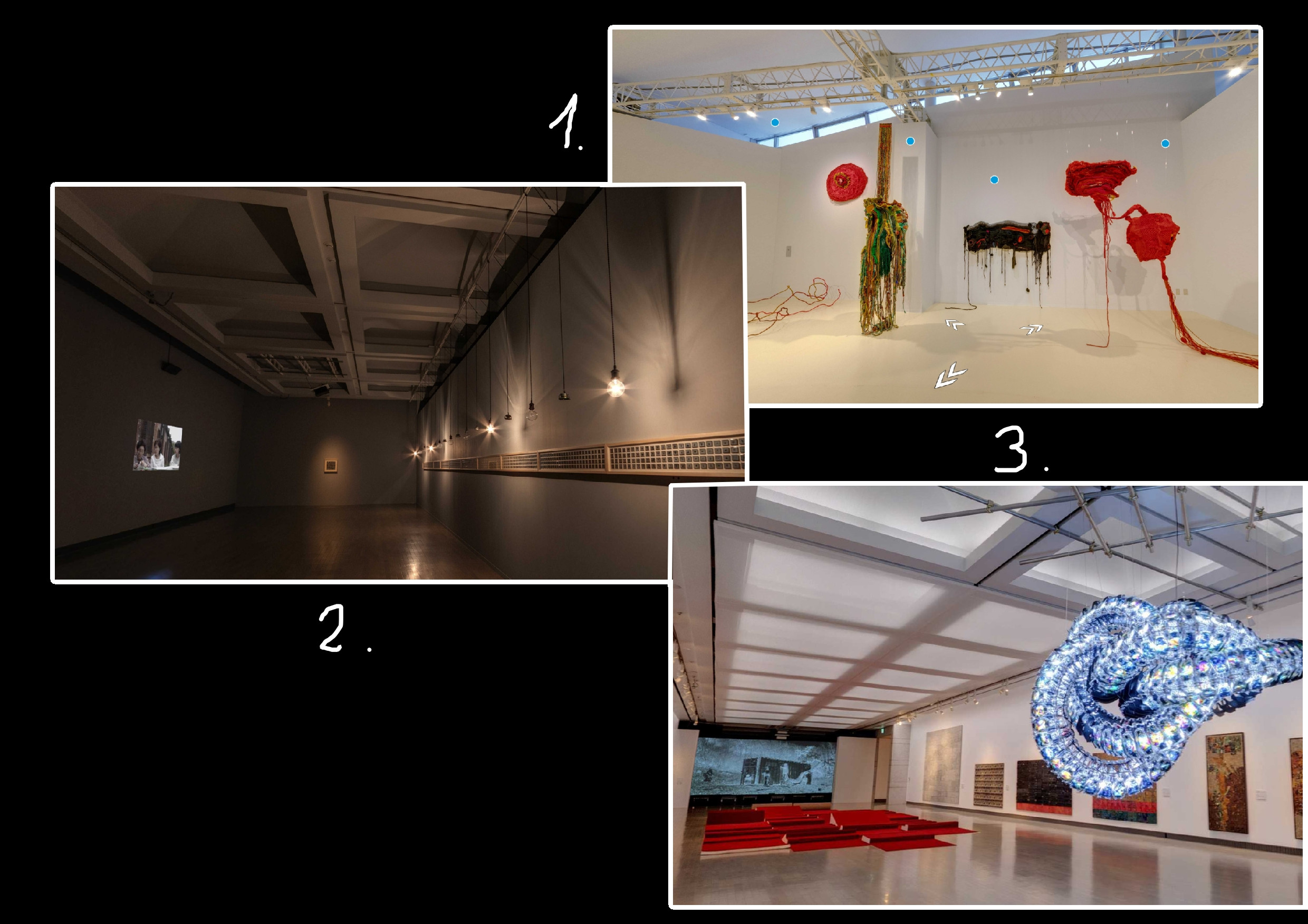 1. Kim Yunchul. «Chroma» (2020). 2. Arai Takashi «Multiple Monuments for 100 Women No. 1-10» (2020). 3. Aluaiy Pulidan «Wrap» (2019). Courtesy: Yokohama Triennale 2020; Yokohama Museum of Art.