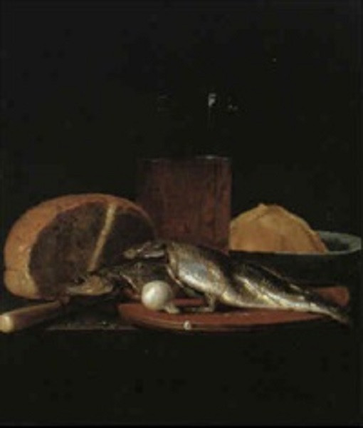 Люттихейс И. Натюрморт с&nbsp;бокалом пива и&nbsp;буханкой хлеба Дерево, масло39,5×33.5&nbsp;см