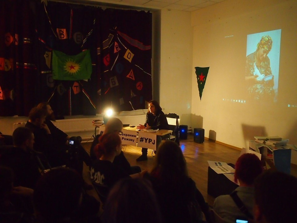 Alla Mitrofanova at the Rosa House of Culture during the event dedicated to the Rojava revolution. Saint Petersburg, 2019