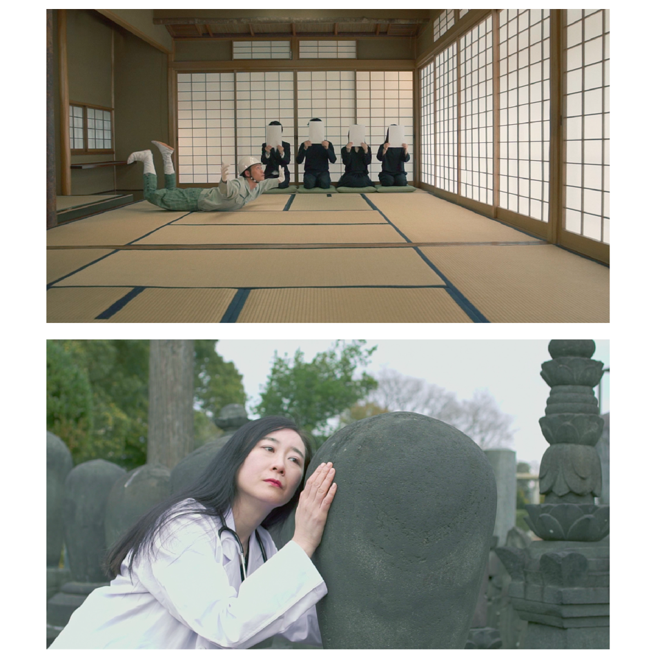 Stills from “Citizens of the Cosmos” (2019). Dancer Akiyoshi Nita (top frame) and translator Rie Sakai (bottom frame)