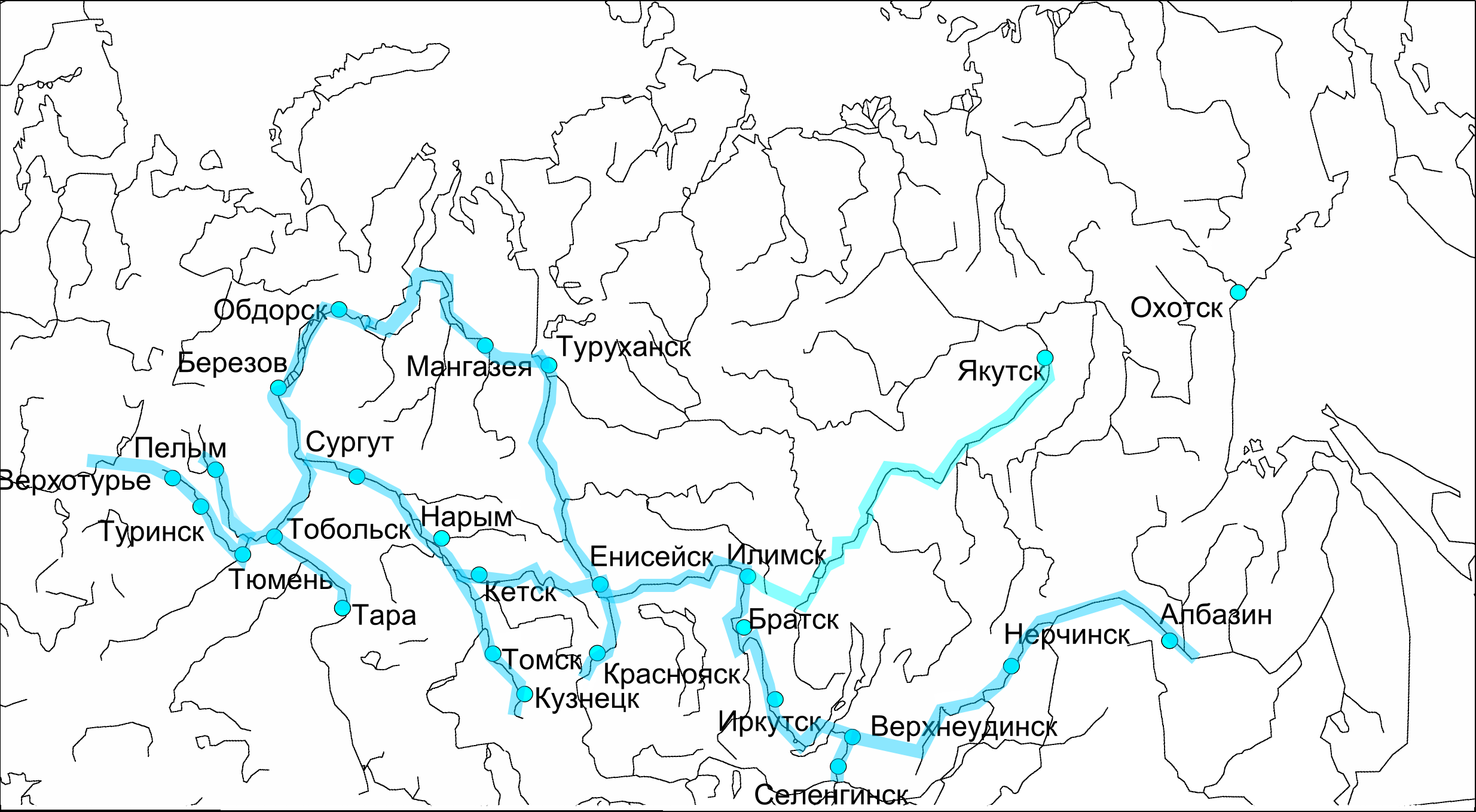 Карта сети военных укреплений и&nbsp;основных судоходных рек к&nbsp;середине XVII века. Рисунок Ивана Соколовского
