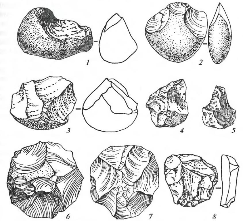 Орудия олдувайской эпохи: 1&nbsp;— чоппер; 2, 3&nbsp;— чоппинги; 4, 5, 8&nbsp;— орудия на&nbsp;отщепах; 6, 7&nbsp;— дисковидные нуклеусы. Археология / Под ред. В.Л.&nbsp;Янина. М., 2006. С.&nbsp;45.