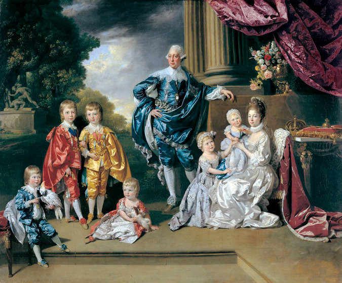 Король Георг III с&nbsp;женой и&nbsp;шестью старшими детьми, работа Иоганна Цоффани, 1770&nbsp;г.