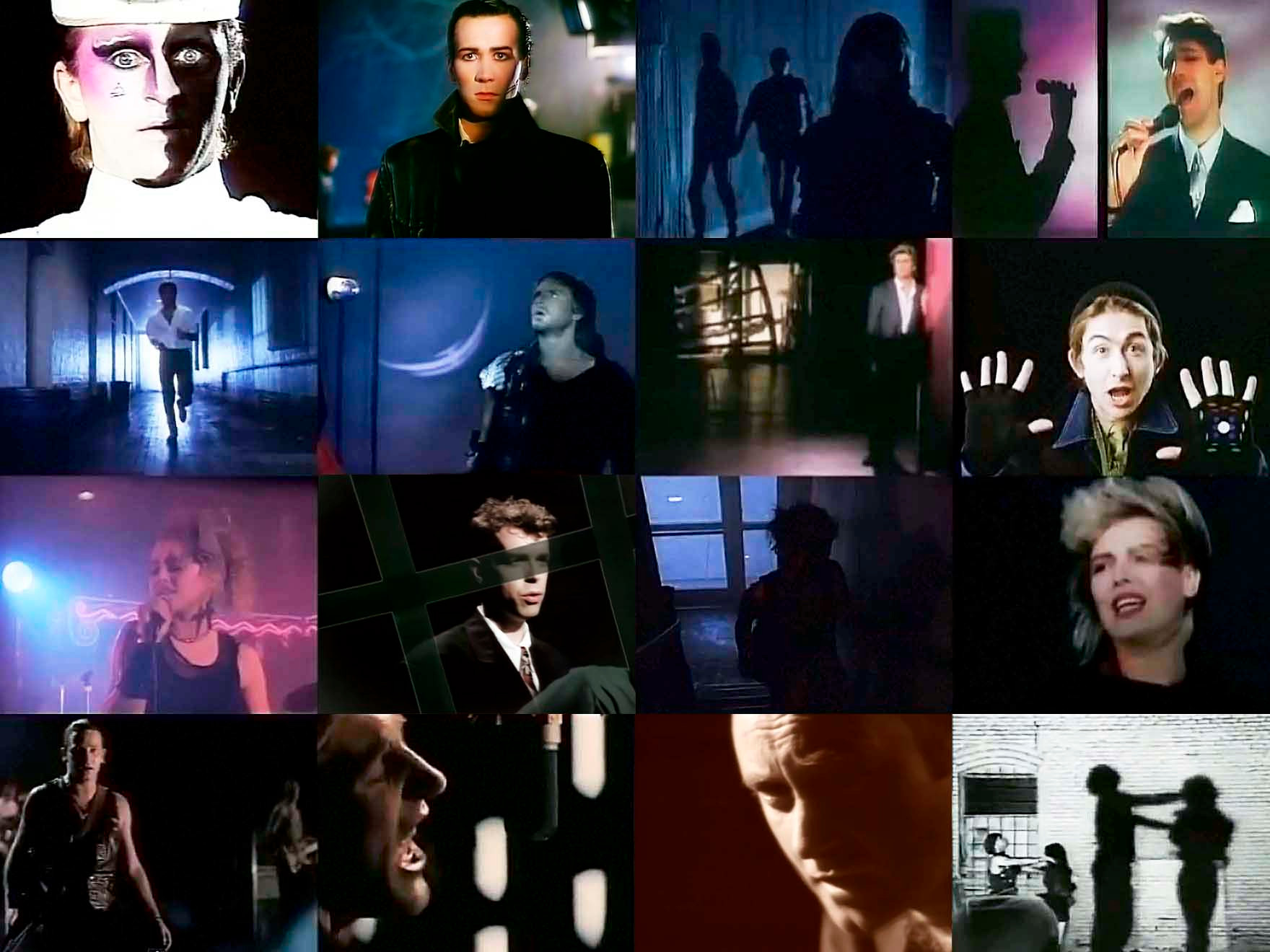 Видеоклипы 80-х гг. Слева направо, сверху вниз: (1) Visage&nbsp;— «Fade to Grey» (1980) | (2) The Human League&nbsp;— «Don’t You Want Me» (1981) | (3) Rick Springfield&nbsp;— «Don’t Talk to Strangers» (1982) | (4) Spandau Ballet&nbsp;— «True» (1983) | (5) Corey Hart&nbsp;— «Sunglasses at Night» (1984) | (6) Duran Duran&nbsp;— «Wild Boys» (1984) | (7) George Michael&nbsp;— «Careless Whisper» (1984) | (8) Talk Talk&nbsp;— «Such a Shame» (1984) | (9) Madonna&nbsp;— «Crazy for You» (1985) | (10) Pet Shop Boys&nbsp;— «Love Comes Quickly» (1986) | (11) Pat Benatar&nbsp;— «Love is a Battlefield» (1986) | (12) Kim Wilde&nbsp;— «You Keep Me Hangin’ On» (1987) | (13) U2&nbsp;— «With or without You» (1987) | (14) Def Leppard&nbsp;— «Love Bites» (1988) | (15) Phil Collins&nbsp;— «Another Day in Paradise» (1989) | (16) Richard Marx&nbsp;— «Satisfied» (1989)