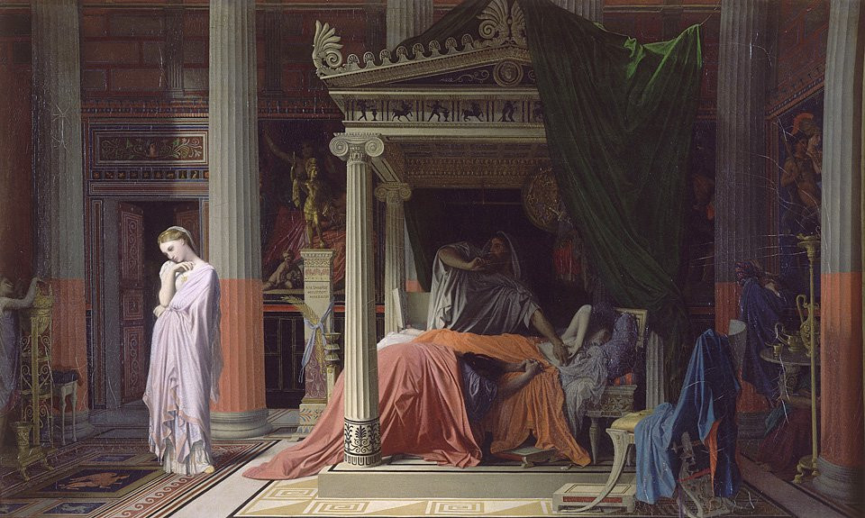 Жан Огюст Доминик Энгр. «Антиох и Стратоника» (1840). Многофигурные сцены в интерьере отсылают и к более известным работам Энгра вроде «Турецкой бани» (1863)