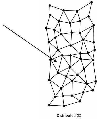 Подпись картинки: Диаграмма распределенной сети, созданная в&nbsp;1964 Полом Бэраном, на&nbsp;которой можно выделить параузел.