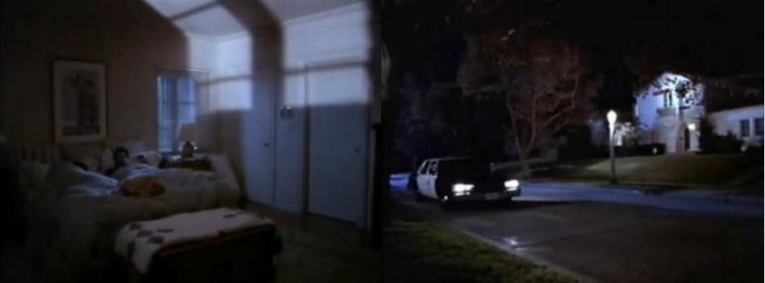 Полицейская машина освещает дом супругов. «Незаконное вторжение», режиссер Д. Кэплэн, 1992