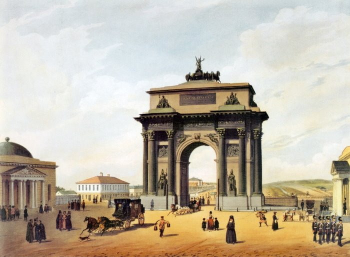 Тверская Застава и&nbsp;Триумфальные ворота в&nbsp;1848&nbsp;году. Рисунок Ф. Бенуа