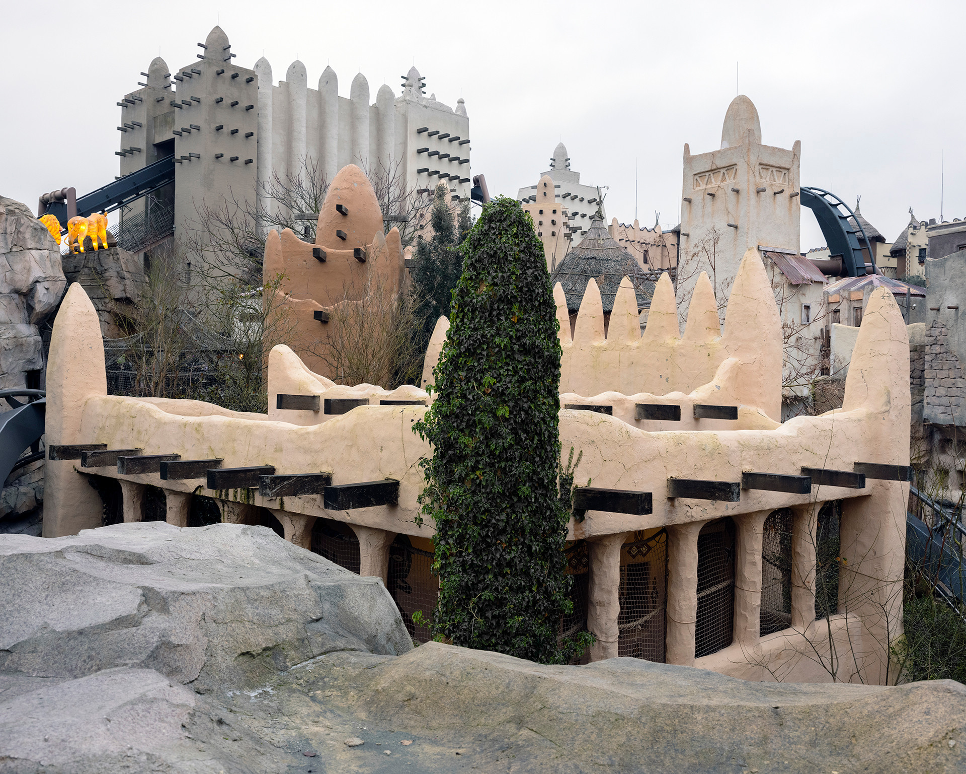 Deep in Africa: an attraction in Phantasialand, an amusement park near Cologne, Germany, modeled in part after the Great Mosque of Djenné, Mali