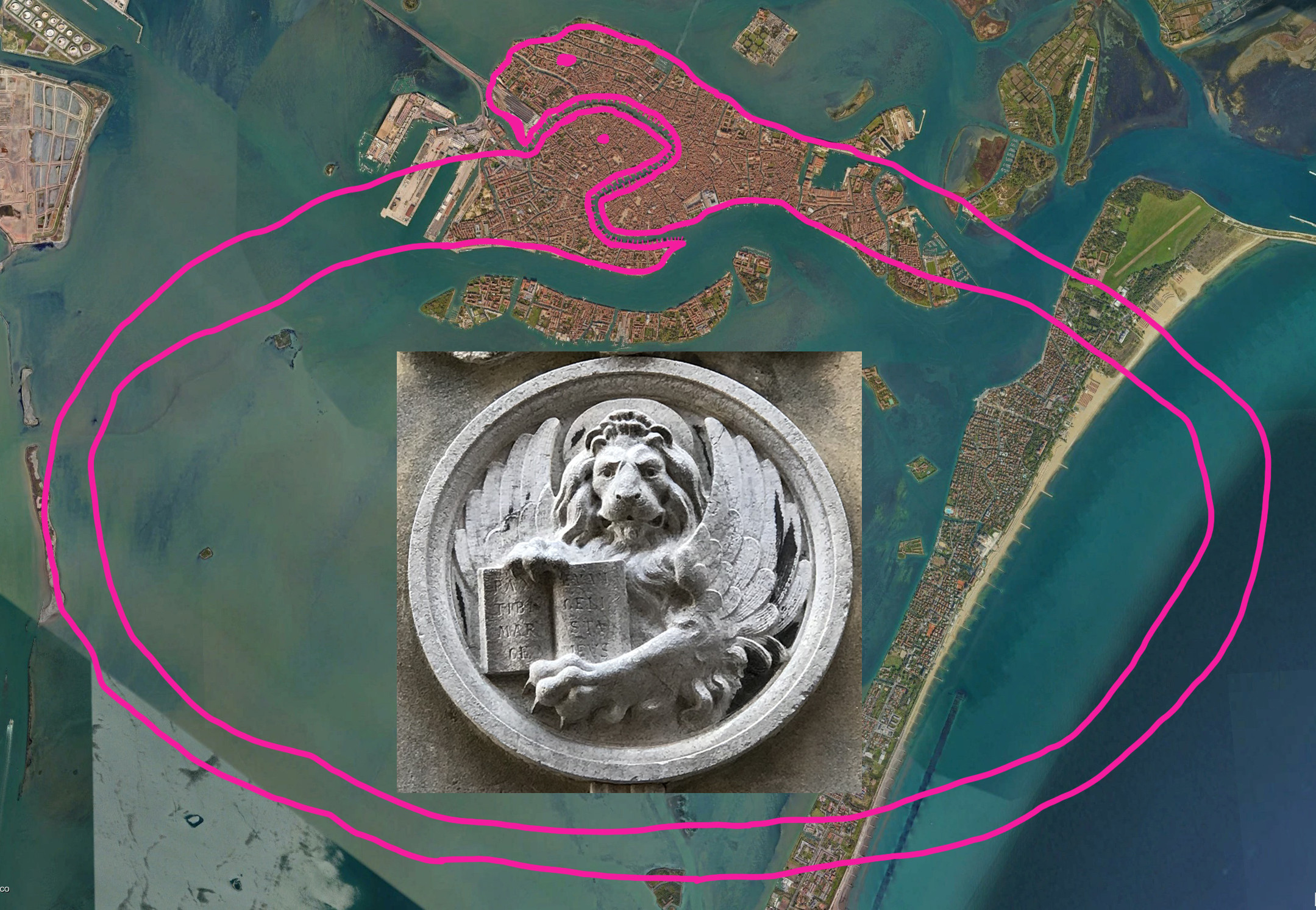 the Venetian lagoon and the Venetian lion (one of many)