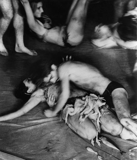 Figure 3: Carolee Schneemann, Meat Joy, Group performance at Festival of Free Expression in Paris.Raw fish, chickens, sausages, wet paint, plastic, rope, shredded scrap paper, 1964