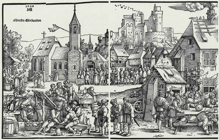 Средневековый европейский город, гравюра