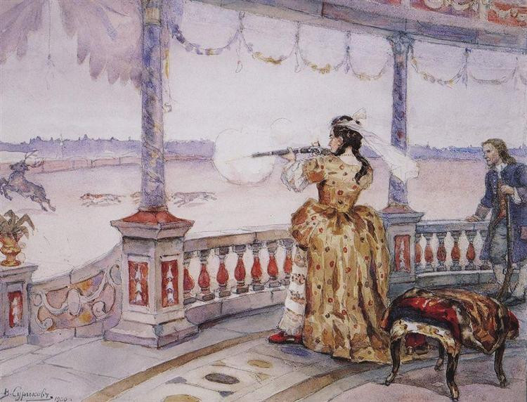 Императрица Анна Иоанновна стреляет оленей, картина работы Василия Сурикова, 1900&nbsp;г.