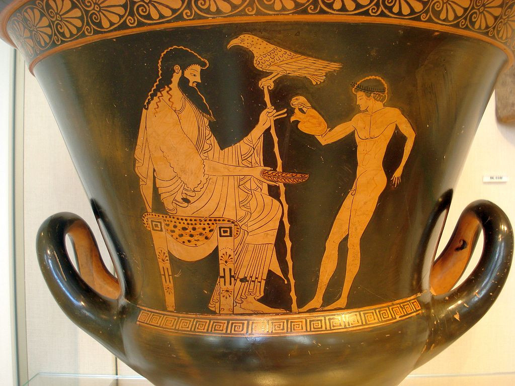 Ganymede pouring Zeus a libation (Attic red-figure calyx krater by the Eucharides Painter, c.&nbsp;490–480 BCE