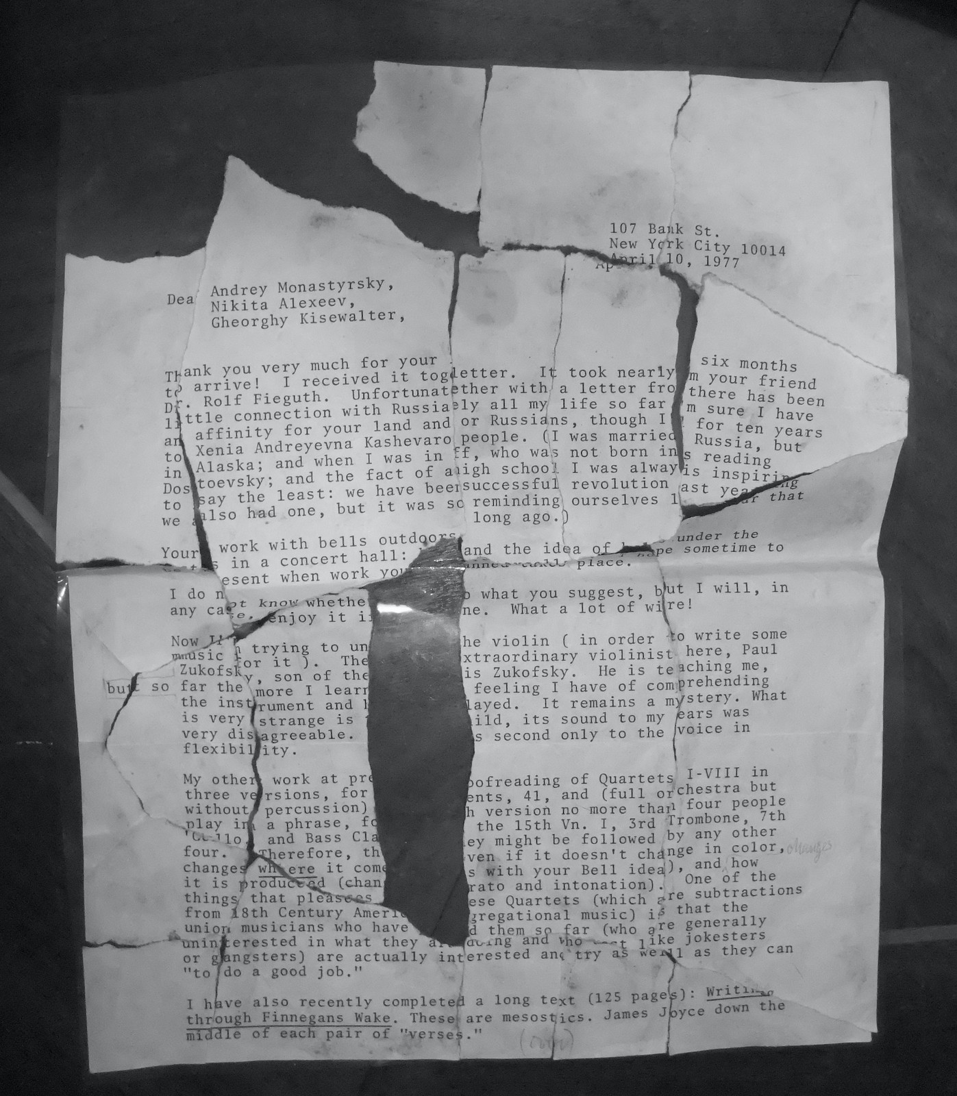 Письмо Джона Кейджа Андрею Монастырскому (лицевая сторона)